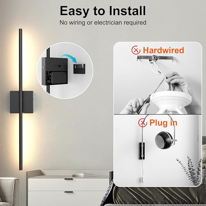 Tartek Battery Operated Wall Sconces Set of Two, Rechargeable Wall Lights with Remote Control, Dimmable 3000K-6000K LED Wall Lamp, 360°Rotate, Long Wireless Sconces for Living Room, Bedroom