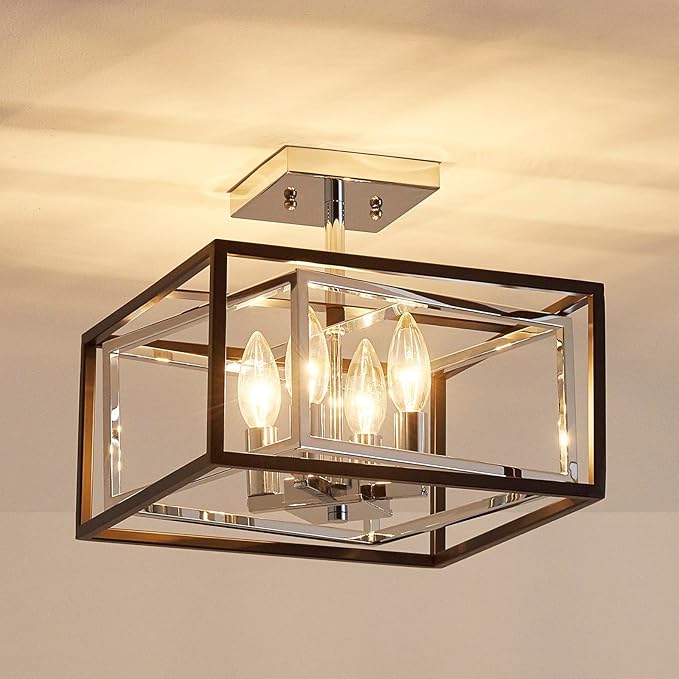 AGV LIGHTING CL055C Modern Semi-Flushmount Ceiling Light Fixture, Square Ceiling Light, E12 Base 4-Lights, L12 x W12 x H10, Matte Black & Chrome Finish