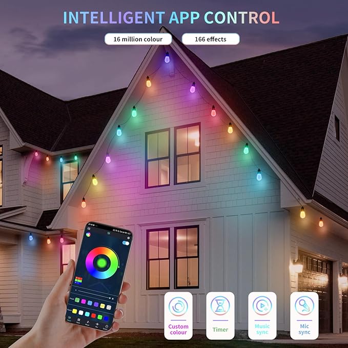 CAWWS Outdoor String Lights 75FT, Outdoor Lights for Patio with 30 Dimmable RGBW LED Bulbs, IP66 Waterproof Shatterproof, with APP Control & Remote, 24V Adapter Color Change,for Backyard Décor