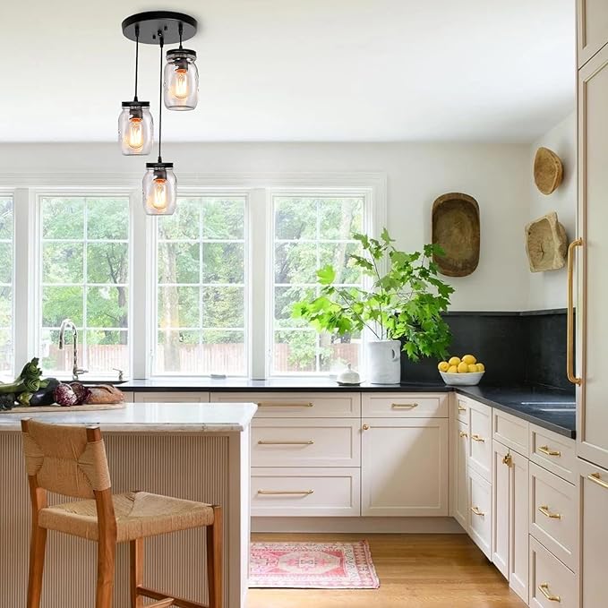 Mason Jar Light Fixtures, 3-Light Black Pendant Lights Kitchen Island, Farmhouse Kitchen Pendant Lights, Adjustable Island Pendant Lights for Kitchen Over Sink Dining Room