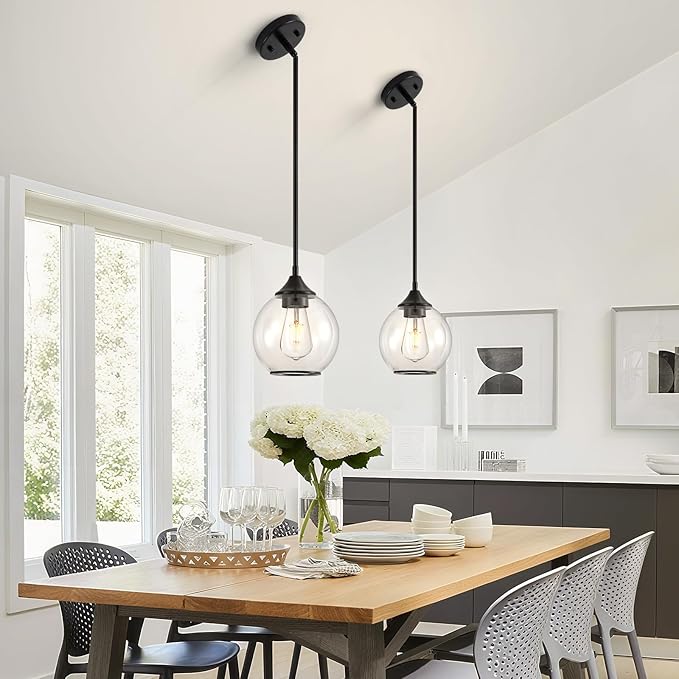 Pendant Lights Kitchen Island,Farmhouse Black Pendant Light with Clear Glass Globe Shade,6.29" Glass Pendant Light for Finish Farmhouse Entryway Dining Room Kitchen Island 1 Light