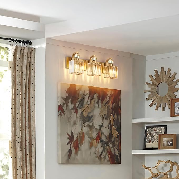 Modern Bathroom Vanity Light, 3-Light Gold Bathroom Lighting Fixtures Over Mirror, 20.5" Crystal Wall Light Sconce for Bathroom/Bedroom/Vanity, Includes LED Bulbs, Easy Installation