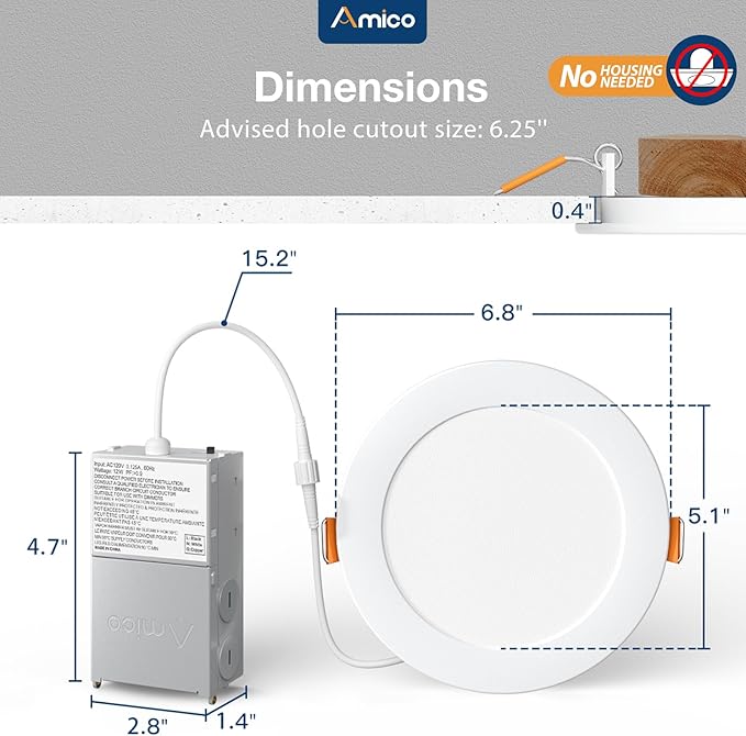 Amico 16 Pack 6 Inch 5CCT Ultra-Thin LED Recessed Ceiling Light with Junction Box, 2700K/3000K/3500K/4000K/5000K Selectable, 12W Eqv 110W, Dimmable Can Light, 1050LM High Brightness Downlight - ETL