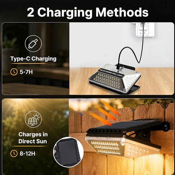 4-Pack Solar Clip Lights with Motion Sensor, Waterproof 110 LEDs 600LM, 360° Wide Angle Bright Outdoor Lights with 3 Lighting Modes for Fence, Deck, Patio and Porch