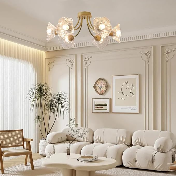 Gold Brass Flush Mount Ceiling Lights Fixture 6-Light Mid Century Modern Ceiling Light with Clear Glass Flower Shape Shade Sputnik Ceiling Lighting for Bedroom Living Dining Room