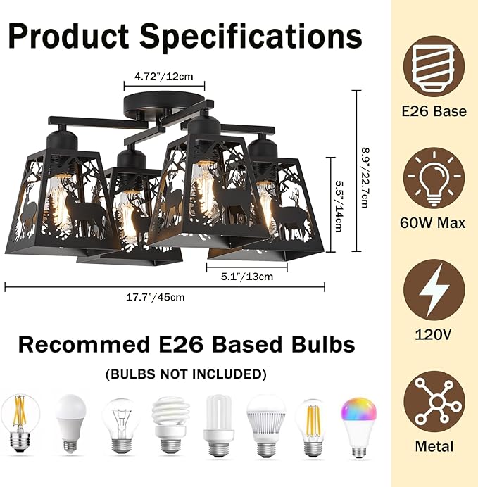 Farmhouse Rustic Deer Light Fixtures, 4 Light Black Semi Flush Mount Rotation Arm Ceiling Lights for Kitchen, Living Room, Hallway, Bedroom, Entryway (Bulbs not Included)