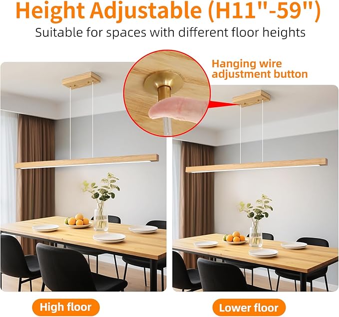 Modern Wooden Pendant Light, 39IN White Ash Wood Chandelier with Remote Control 3000k-6500K Adjustable Color Temperature，Aluminum Island Lighting Lamp for Dining Room, Living Room B