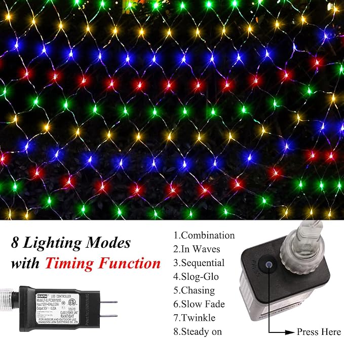 LED Net Light Christmas Mesh Lights, 240LED Timer Tree Warp Fairy Lights Outdoor Hanging String Light for Christmas, Halloween, Garden, Walkway, Bushes Decor-9.8ft x 6.6ft(Colorful)