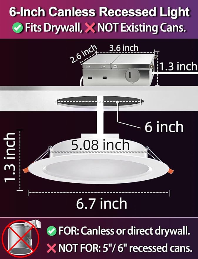 ILC 6 inch led recessed Light, Work with Alexa (Hub Required), App Controlled, RGB Color Changing, 16 Million Colors, CCT: 2700K-6000K, 14W, 120W Equivatlent, 1400LM, CRI 90, Bluetooth Mesh, 6 Packs