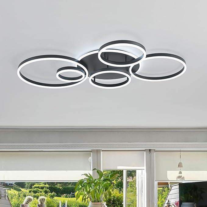 O'NEELDY Black Flush Mount Ceiling Light Dimmable Dining Room Light Fixture Round 6 Rings Modern LED Ceiling Light with Remote Control 47" Kitchen Lighting Fixture Ceiling Lamp for Living Room,Bedroom