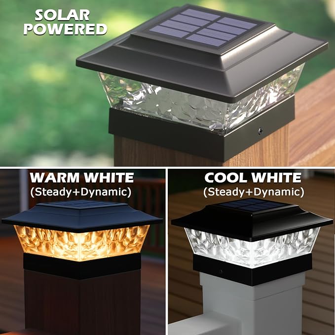 SIEDiNLAR Solar Post Lights Outdoor 12 LEDs 4 Modes Post Cap Light for 4x4 5x5 6x6 Wooden Vinyl Deck Fence Posts Garden Patio Decor, Warm/Cool White Dynamic Lighting (1 Pack, Black)