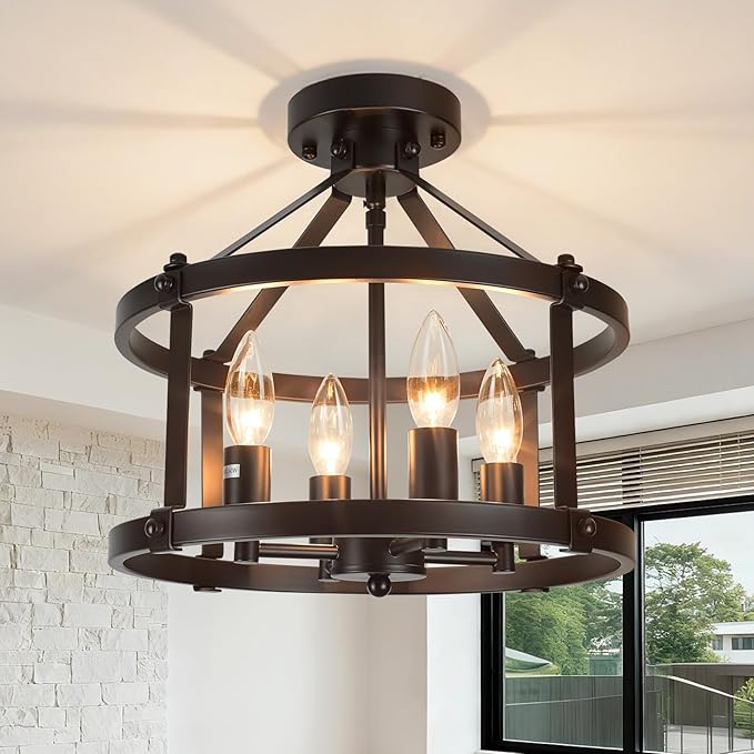13.5 Inch Black Farmhouse Semi Flush Mount Ceiling Light Fixture,4-Light Rustic Ceiling Mount Lights, Industrial Flush Mount Ceiling Lighting for Kitchen Bedroom Hallway Dining Room Laundry Room