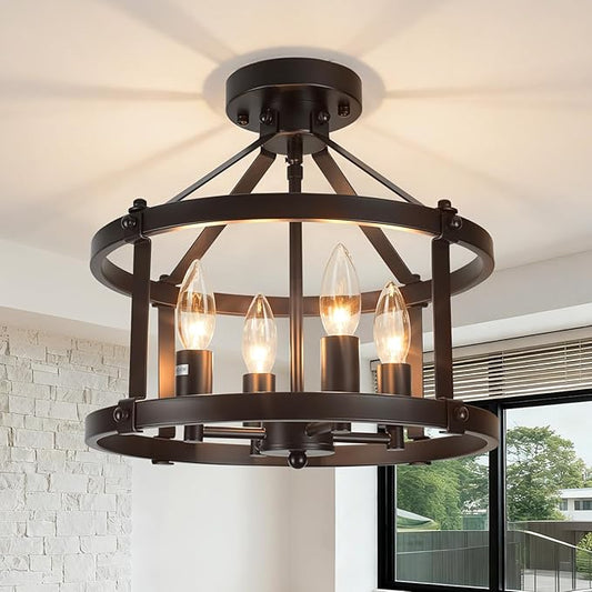 13.5 Inch Black Farmhouse Semi Flush Mount Ceiling Light Fixture,4-Light Rustic Ceiling Mount Lights, Industrial Flush Mount Ceiling Lighting for Kitchen Bedroom Hallway Dining Room Laundry Room