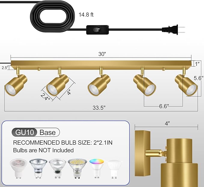 Track Lighting Plug in, 30" LED Track Light Fixtures Ceiling, Gold 5 Way Spotlight, Rotatable Head, Plug Wall Lights with 14.8FT Cord, Ceiling Lighting for Kitchen Hallway Bar(GU10, NO Bulb)