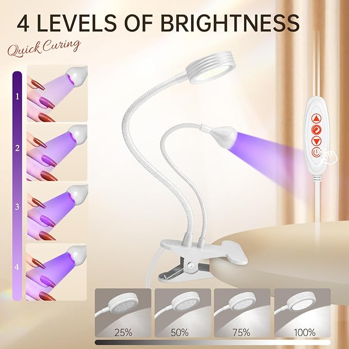 AORAEM LED Nail Lamp Double-Headed UV LED Light Quicky-Dry Duck Neck Lamp Dryer Curing Light with Portable Gooseneck and Clamp Flash Cure UV Light for Gel Nails Professional Home DIY Salon White