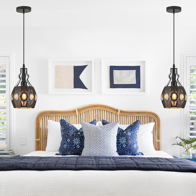 YLONG-ZS Black Lantern Pendant Lights Bedroom Restaurant 2 PK, Farmhouse Kitchen Island Pendant Ceiling Light with 6.07 Ft Wire, Hanging Pendant Lighting for Restaurant Bedroom Dining Room Living Room