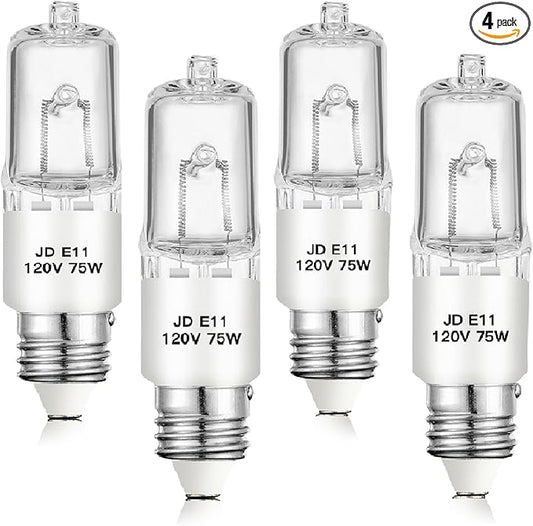 E11 Halogen Bulb,120V 75W Halogen Candelabra Bulbs 4 Pack，T4 Mini Base JD E11 Bulb,Dimmable 2700K Warm White,for Chandeliers,Candelabra,Ceiling Fan, Table Lamps, Cabinet Lighting
