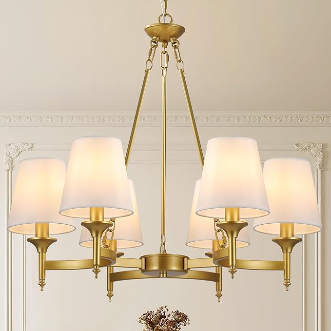 Gold Modern Farmhouse Chandelier, 27.2" 6-Light Round Pendant Light with White Fabric Shades, Adjustable Hanging Fixture for Dining Room Over Table Kitchen Island Living Room