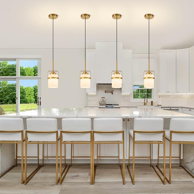 Modern Brass Pendant Lights Kitchen Island Light, Adjustable Hanging Light Fixture with Milk Glass Shade, Farmhouse Pendant Light for Dining Room Bar Over Sink/Table/Counter, 2 Pack