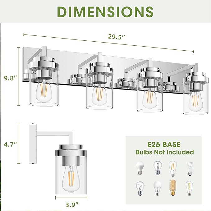Espird Chrome Light Fixtures, 4 Light Bathroom Vanity Light with Clear Glass Shade, 30 in Modern Vanity Light, Bathroom Lighting Fixtures Over Mirror for Living Room