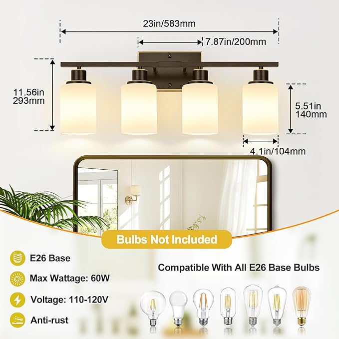 Indoi 4-Light Bathroom Light Fixtures, Brown and Gold Vanity Lights with Milk Glass Shades, Modern Bathroom Wall Lamp for Mirror Living Room Bedroom Porch