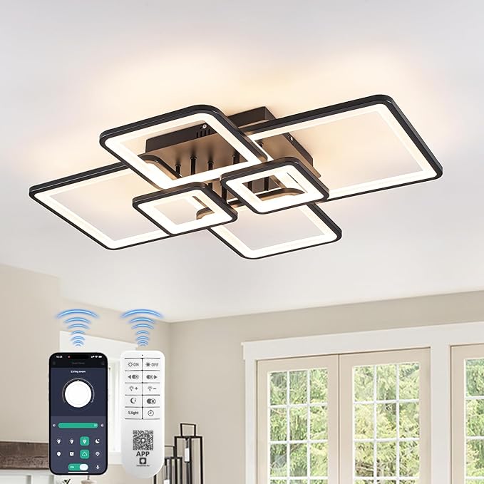 Modern Ceiling Lights 31" 75W, Dimmable Kitchen Lighting Fixtures Ceiling, 3000-6500K Light Fixture Ceiling Mount with Remote Control, Black Square LED Ceiling Light for Bedroom