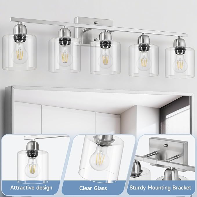 Modern Brushed Nickel 5 Light Bathroom Vanity Light, 31 inch Bathroom Lights Fixtures, Vanity Lights for Mirror Kitchen Living Room Hallway Cabinet Porch