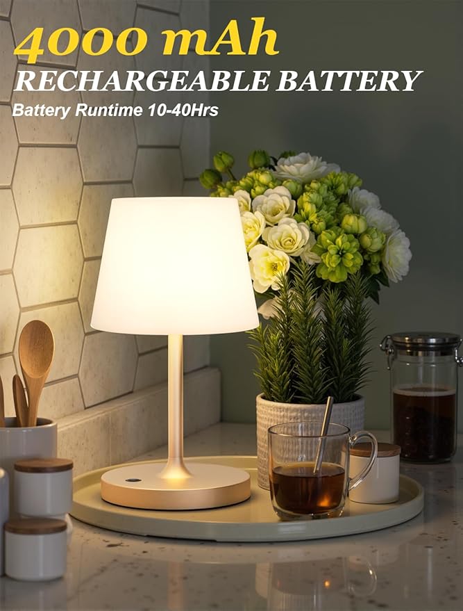 Kakanuo Champagne Gold Shower Lamp Waterproof, Rechargeable Cordless Lamp with 4000mAh Battery, Touch Dimmable Table Lamp for Outdoor, Kitchen, Bathroom, Camping, Patio, IP54