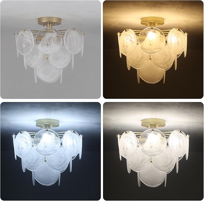 Flush Mount Ceiling Light Chandelier, Gold Glass Mid Century Modern Chandelier Foyer Light Fixtures Ceiling Mount 4 Light with Unique White Round Glass Sheet for Living room Bedroom Entryway Kitchen