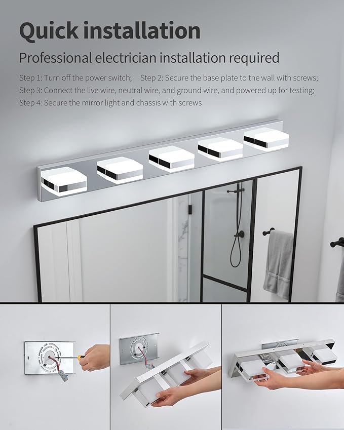 Bathroom Lighting Fixtures Over Mirror, 5 Light Bathroom Vanity Light Fixtures with Cool White 5000K, Silver LED Modern Vanity Wall Lights for Bath, Dressing Room, Restroom, 37.4 inch