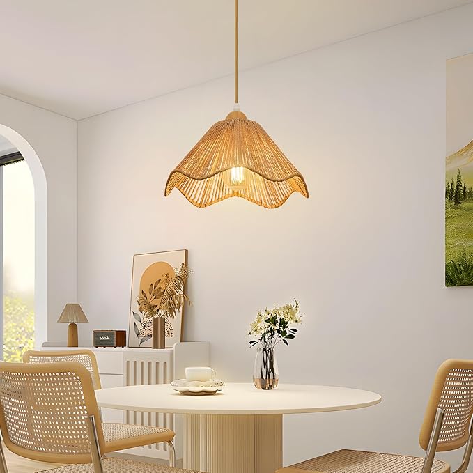 12.4" Wave Rattan Chandelier Pendant Lights Kitchen Island,Farmhouse Boho Chandeliers Adjustable Height Hanging lamp for Dining Room,Kitchen Ceiling Light Fixtures Hand Woven Wicker Lampshade