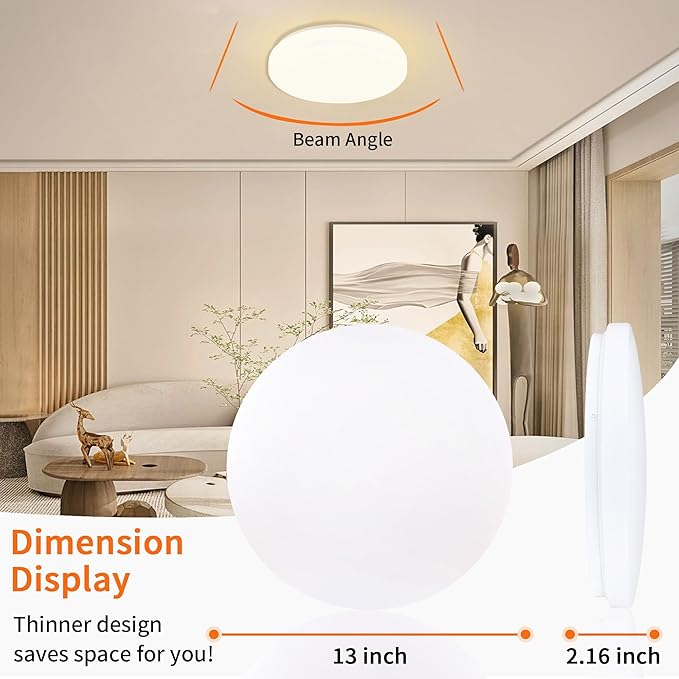 13 Inch Flush Mount Ceiling Light Fixture with Remote Control,24W Dimmable 3000K-6500K Light Colors Adjustabl,Modern Ceiling Lights for Bedroom，Kitchens