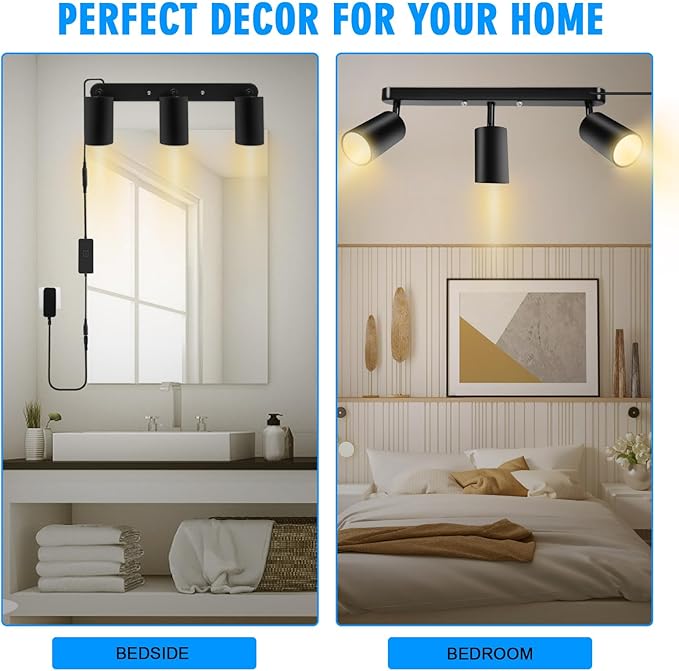 Plug in Track Lighting Track Light Fixtures with Power Cord Wall Spotlight Flexibly Rotatable Heads Plug in Ceiling Lights for Kitchen Cabinet Gallery Bar Living Room 15W 3000K(Black, 3 Heads)