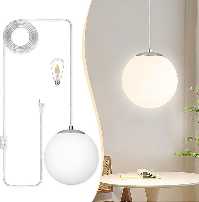 KoKo&Yukina 10" Globe Pendant Light Nickel Plug in Pendant Light Adjustable Hanging Lights with Plug in Cord Nickel Finished with Milk Glass Lampshade for Bedroom Kitchen Island (Bulb Included)