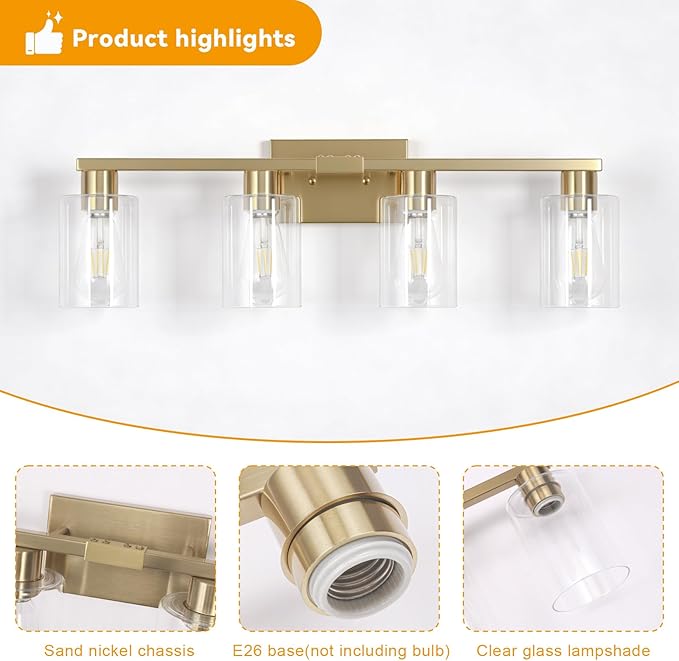 4-Light Bathroom Vanity Light, Modern Brushed Gold Wall Lights with Clear Glass Shades, Bathroom Wall Sconce Lamp for Mirror Living Room Bedroom Hallway