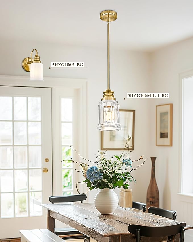 HWH Modern Hanging Pendant Lights, Brushed Gold Pendant Light with Bell-Shaped Fluted Clear Glass, Hanging Light Fixture Adjustable for Kitchen, 5HZG106MIL-L BG