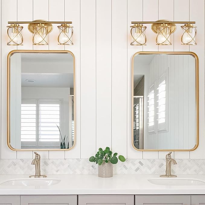 mavcadonf 3-Lights Bathroom Vanity Lights, Bathroom Light Fixtures Over Mirror, Brushed Gold Vanity Light, Farmhouse Wall Lights with Clear Glass Shade, Bathroom Wall Lamp for Mirror Kitchen Bedroom