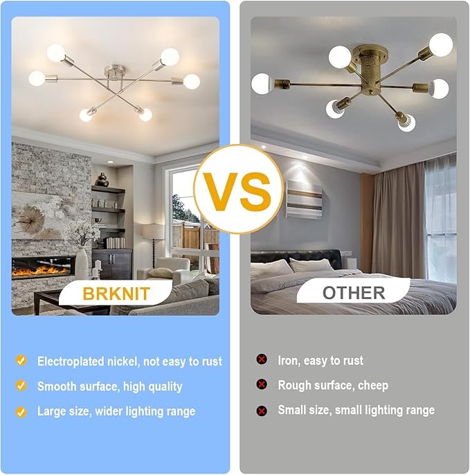 6-Light Modern Sputnik Chandeliers, Silver Mid Century Semi Flush Mount Ceiling Light Fixtures with E26 Base, Industrial Vintage Kitchen Farmhouse Light for Dining Room Bedroom Living Room
