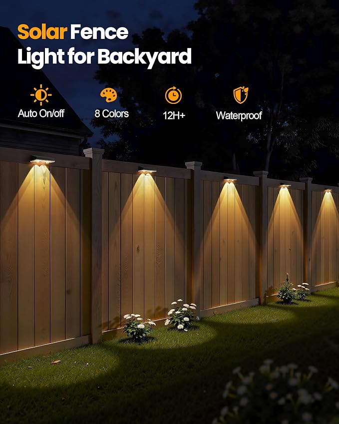 Bridika Solar Fence Lights Outdoor Waterproof, 12 Pack Fence Light Solar Powered with Bright Lens LED, Warm White, Cool White and RGB Color Glow, Solar Lights for Deck, Wall, Patio & Backyard Black