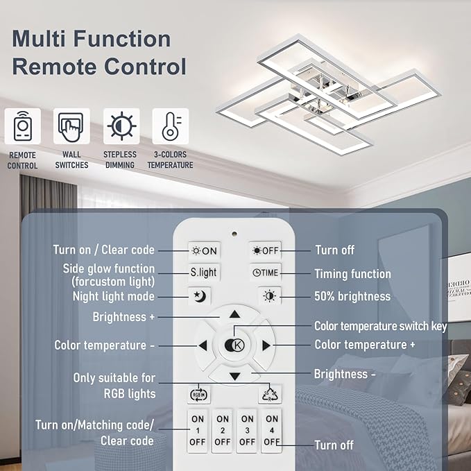 Dimmable Modern LED Ceiling Light, 4-Square Modern Ceiling Lighting for Living Room with Remote Control 26In Chrome Bedroom Ceiling Lights Fixures for Kitchen, Bathroom, Dining Room