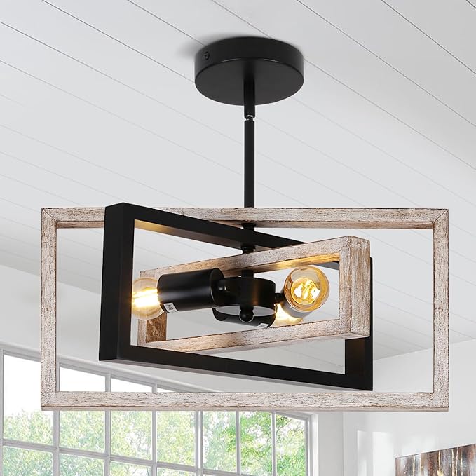 HuisMier Farmhouse 3-Lights Flush Mount Ceiling Light Fixture, Industrial Wood and Metal Chandelier, Retro Close to Ceiling Lighting for Kitchen Entryway Hallway Bedroom Dining Room Living Room Foyer
