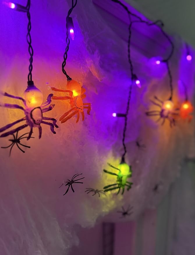 Halloween Spider String Lights Outdoor, 25 Mini Curtain String Lights with 10 Colorful Spider Lights, 7.5Ft Summerween Decoration Light for Window Patio Stair Halloween Decor