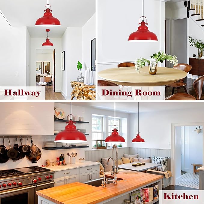 Red Pendant Lights Kitchen Island, 2 Pack Kitchen Island Lighting, Farmhouse Pendant Light Fixtures (11.41" W), Island Pendant Light for Kitchen, Restaurants, Cafes