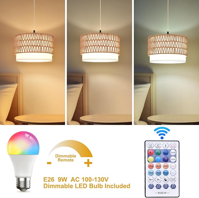 ZSLAIFU Hanging Lamp Plug in Pendant Light, 15FT Hanging Lights with Plug in Cord, Hanging Light with Smart RGBCCT Bulb and Remote, Hanging Lamps for Bedroom, Living Room, Kitchen, Farmhouse