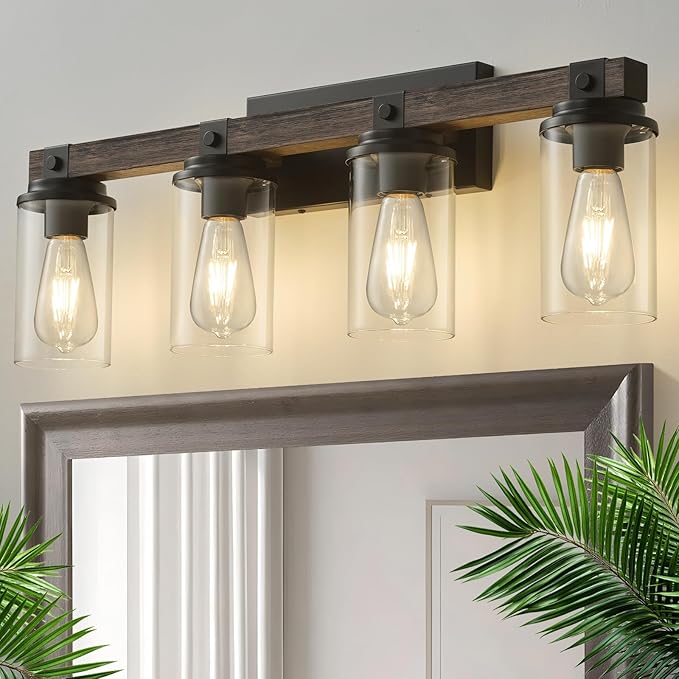 Farmhouse Bathroom Vanity Light 4 Light Sconces Wall Lighting Wood Rustic Bathroom Light Fixtures Over Mirror Vintage Industrial Wooden Black Vanity Light for Bedroom Hallway Kitchen