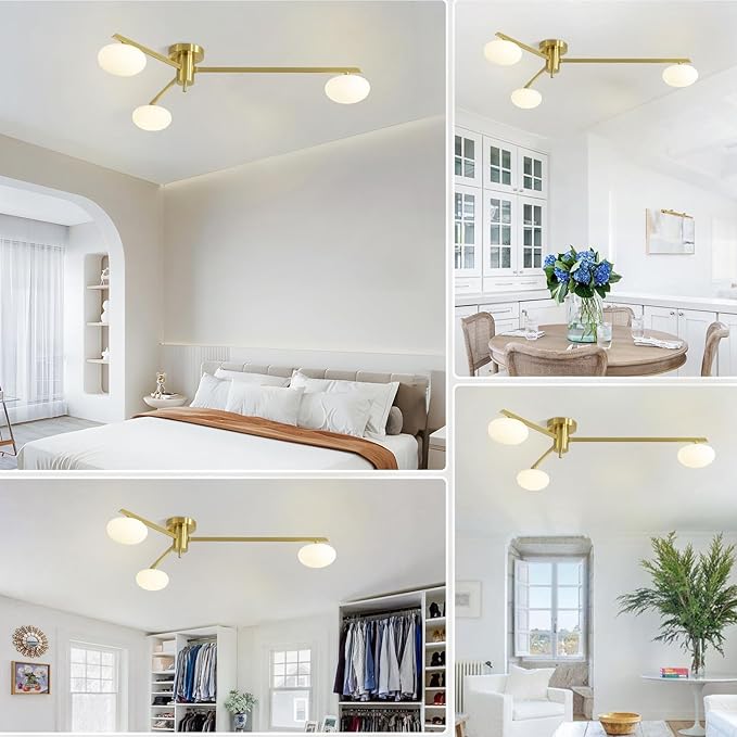 3-Light Flush Mount Sputnik Ceiling Light Fixture,Gold Brass Chandelier Mid Century Modern,Family Dining Table Lighting,Bedroom Kitchen Island Living Room MCL03-GD