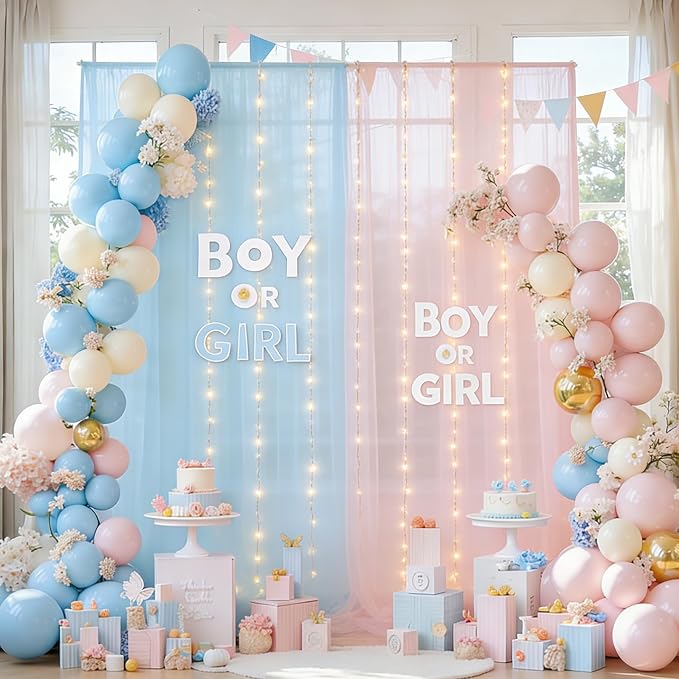 Pink and Blue Tulle Backdrop Curtain with Lights, Elegant Sheer Photo Backdrop Drapes, Soft Fabric & Lights Strings Curtain for Baby Shower Gender Reveal Weddings Brithday Parties Decor, 10ftx8ft