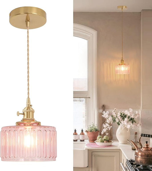 Shenmoyl Pendant Light with Pink Striped Glass Lmapshade, Brass Vintage Pendant Light Adjustable Hanging Light for Kitchen Island Dining Room Hallway