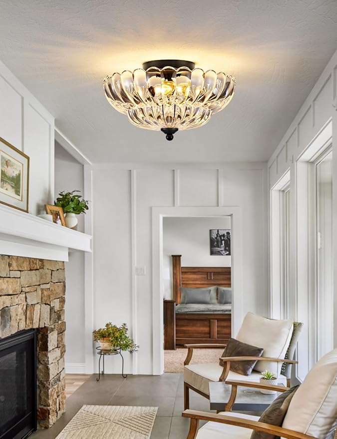 3-Light Semi Flush Mount Ceiling Light Fixture, Vintage Crystal Glass with Black Metal Frame, Modern Close-to-Ceiling Lighting for Bedroom Kitchen Living Room Hallway, E26 Base (Bulbs Not Included)