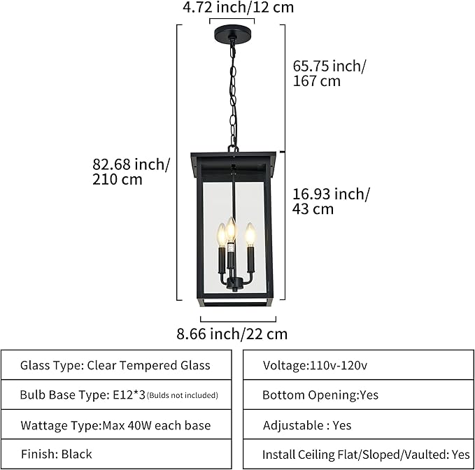 Large Outdoor Chandeliers, Black 3-Lights Outdoor Ceiling Hanging Lanterns with Clear Glass, Exterior Gazebo Light for Patio,Porch,Yard,Gara